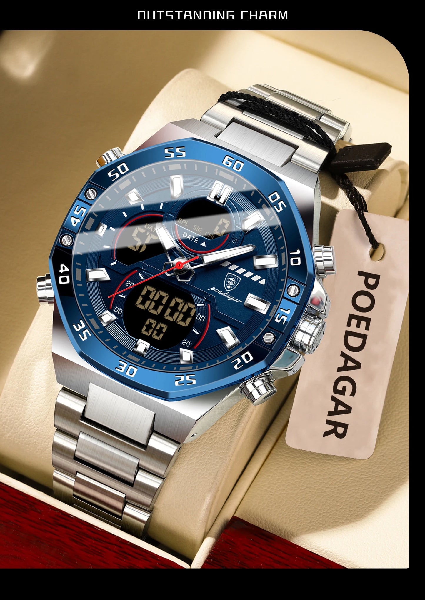 POEDAGAR Original Sports Men Wristwatch Week Date Waterproof LED Quartz Man Watch Stainless Steel Military Digital Men's Watches