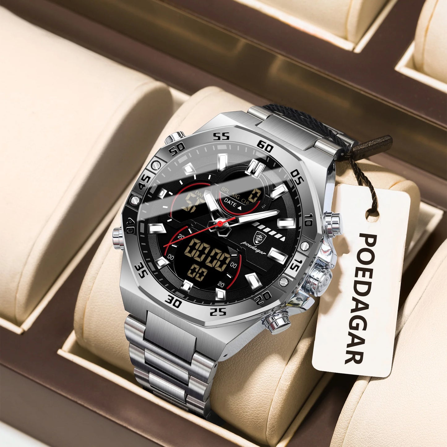 POEDAGAR Original Sports Men Wristwatch Week Date Waterproof LED Quartz Man Watch Stainless Steel Military Digital Men's Watches