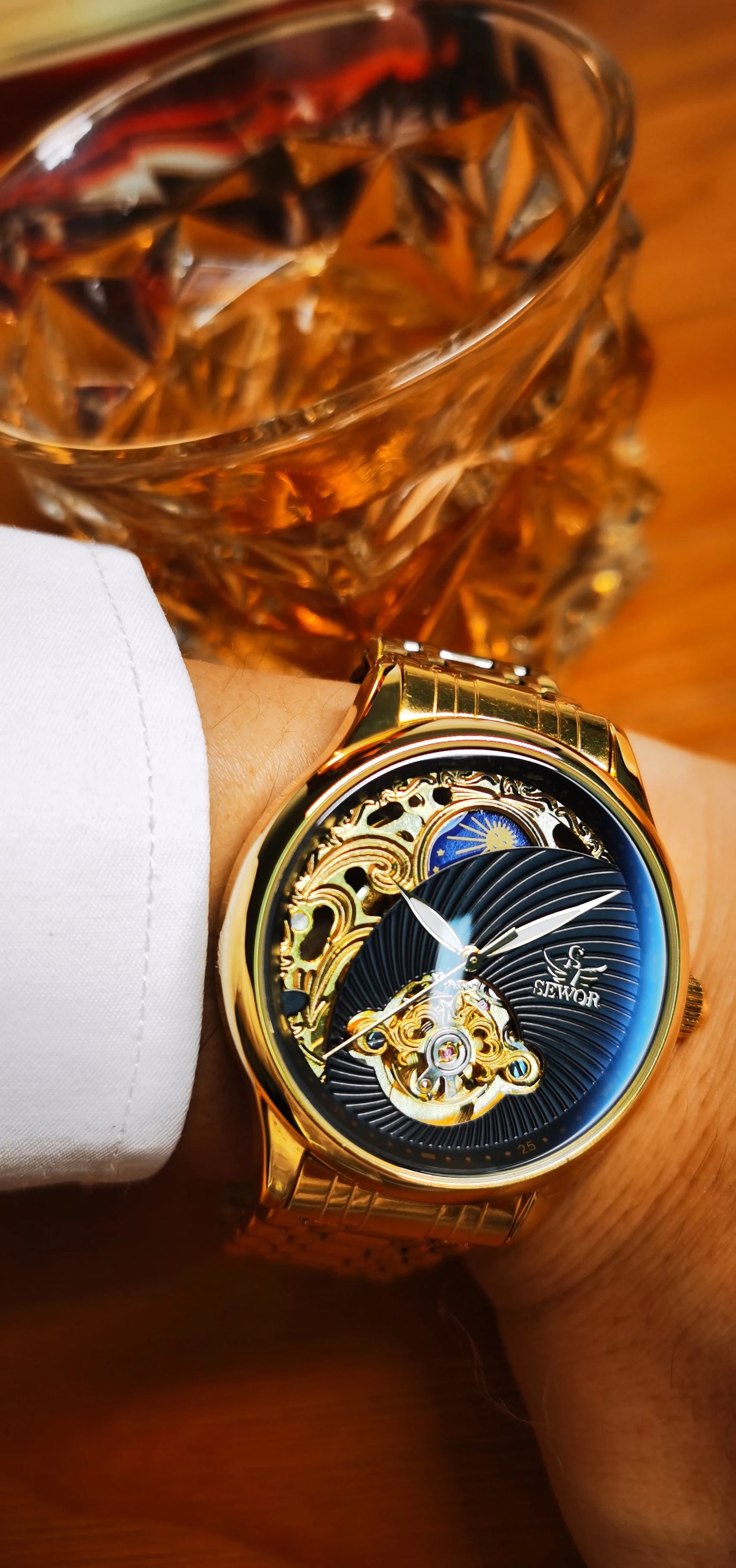 AOKULASIC Gold Skeleton Mens Watch Retro Moon Phase Tourbillon Automatic Mechanical Watches Luxury Stainless Steel Band Luminous