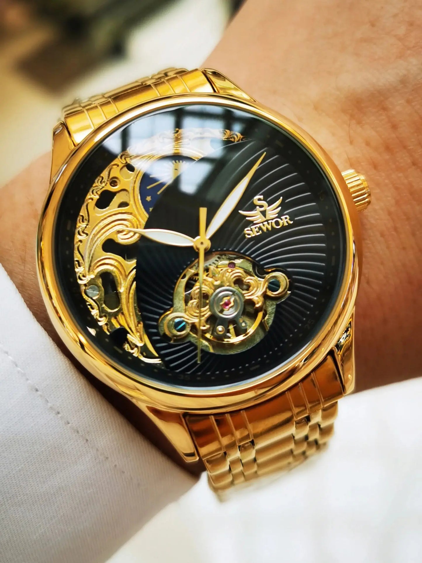 AOKULASIC Gold Skeleton Mens Watch Retro Moon Phase Tourbillon Automatic Mechanical Watches Luxury Stainless Steel Band Luminous