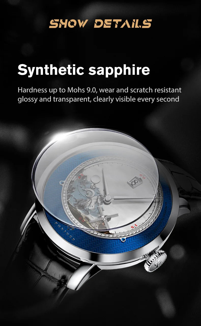 PONIGER Luxury Men's Watch Japanese Automatic Movement Landscape Painting Design Stainless Steel Waterproof Multifunction Clock