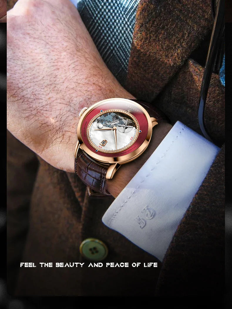 PONIGER Luxury Men's Watch Japanese Automatic Movement Landscape Painting Design Stainless Steel Waterproof Multifunction Clock