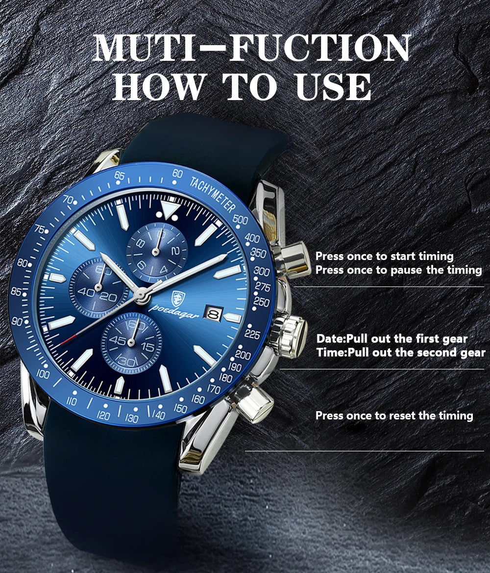 POEDAGAR Top Brand Men Watch Waterproof Luminous Date Chronograph Men's Quartz Wristwatch High Quality Sport Leather Man Watches