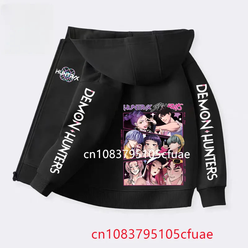 Funny Zip Up Sweatshirts Kpop Demon Hunters Black  Hoodie Children Clothes Kid Girl Boy Sweatshirt Zipper Hoody Baby Casual Top