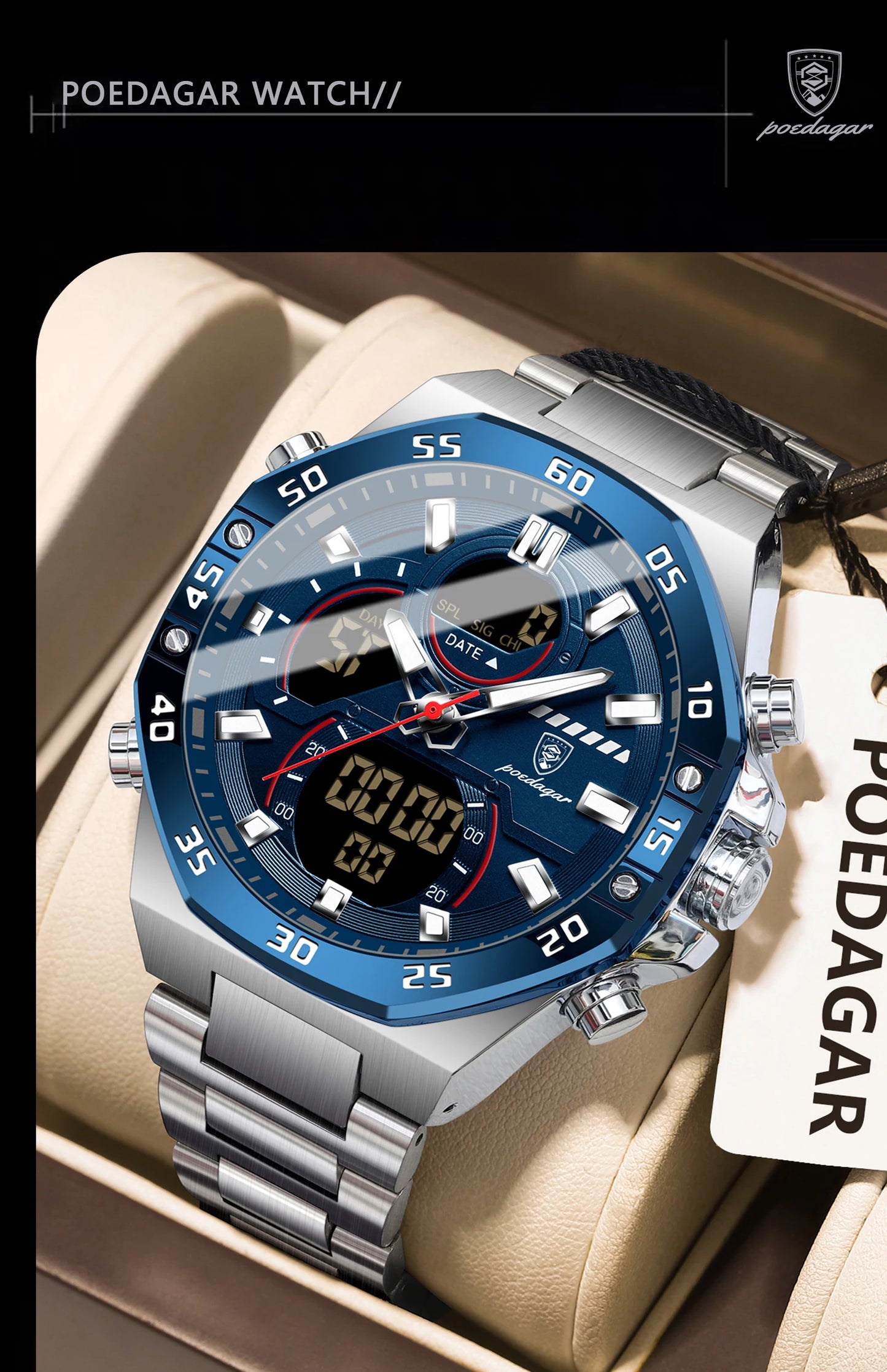 POEDAGAR Original Sports Men Wristwatch Week Date Waterproof LED Quartz Man Watch Stainless Steel Military Digital Men's Watches