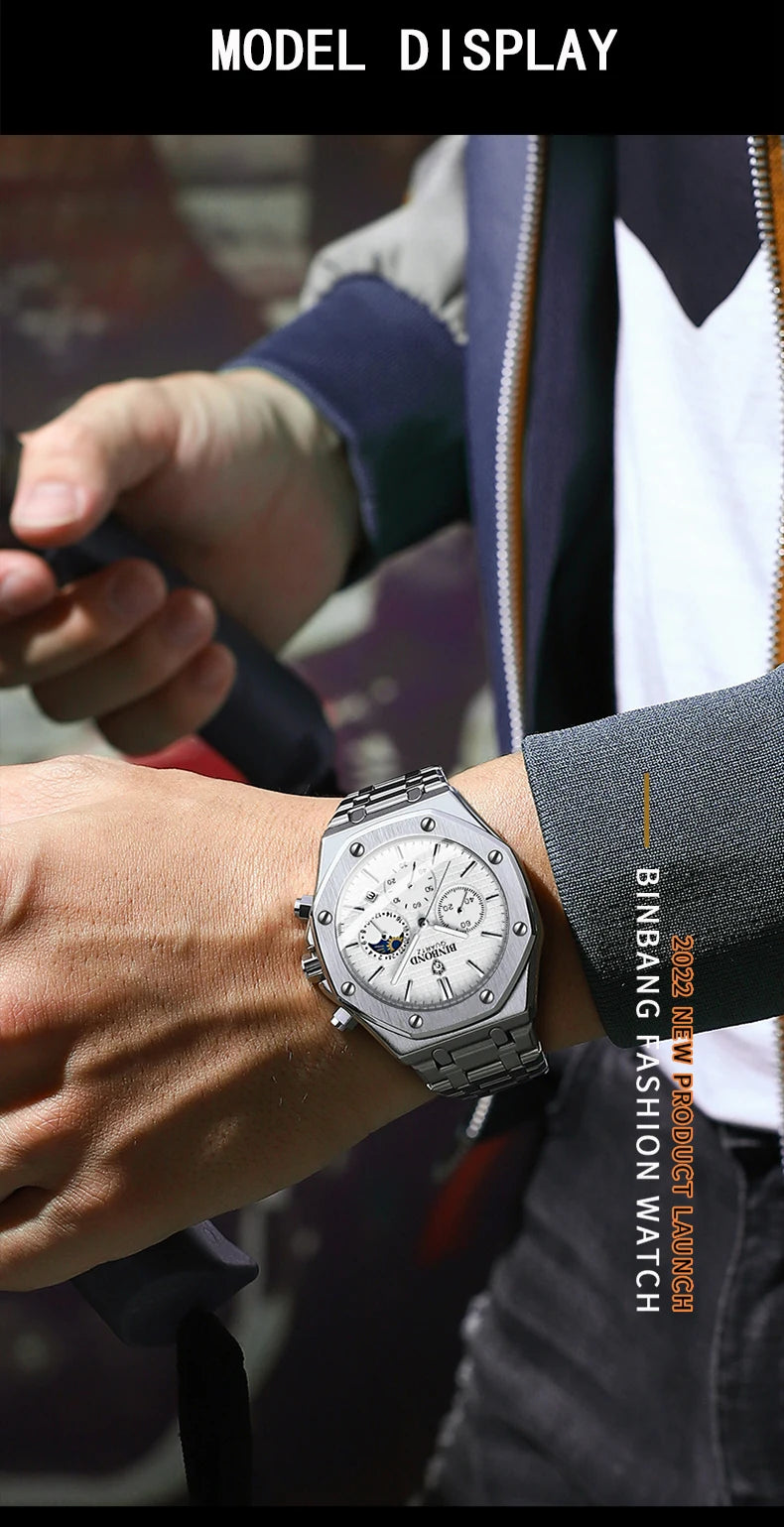 BINBONG B0161 Top Brand Man Business Quartz Watch Chronograph Wristwatch Stainless Steel Strap 30M Waterproof Luxury Men Watch