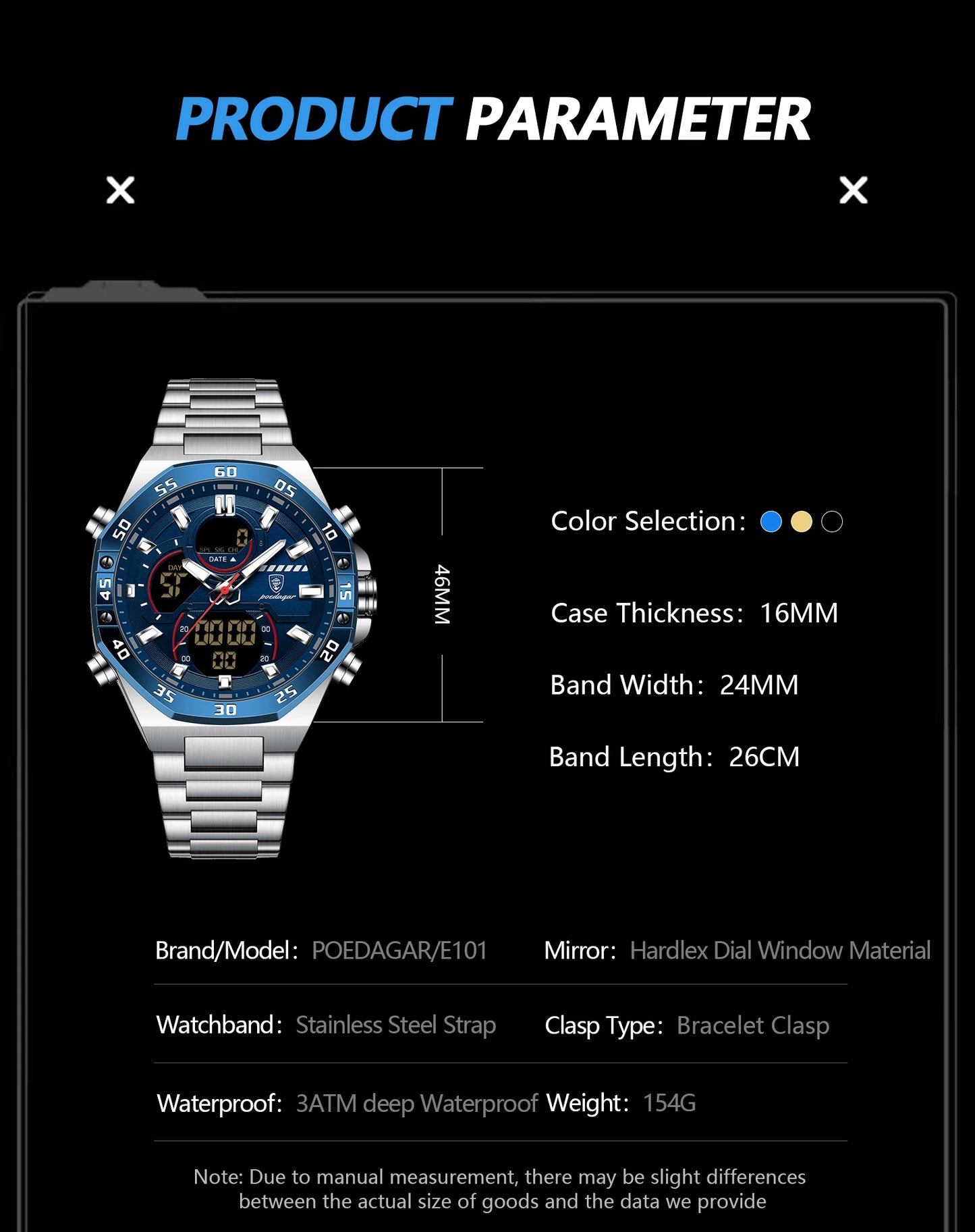 POEDAGAR Original Sports Men Wristwatch Week Date Waterproof LED Quartz Man Watch Stainless Steel Military Digital Men's Watches