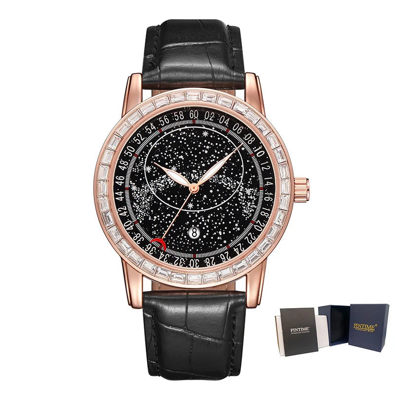 Casuals Man Watch Black Leather Strap Fashion Quartz Wristwatch Waterproof Luminous Starry Sky Dial Moon Pointer Reloj Hombre
