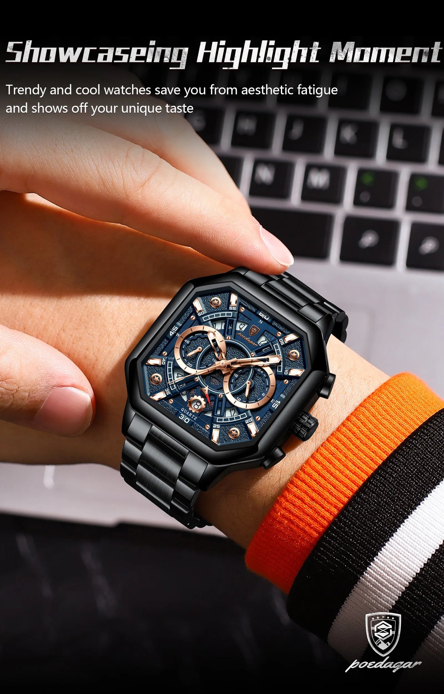 POEDAGAR Luxury Men's Quartz Clock Waterproof Luminous Chronograph Date Man Watch Stainless Steel Fashion Sports Watches For Men