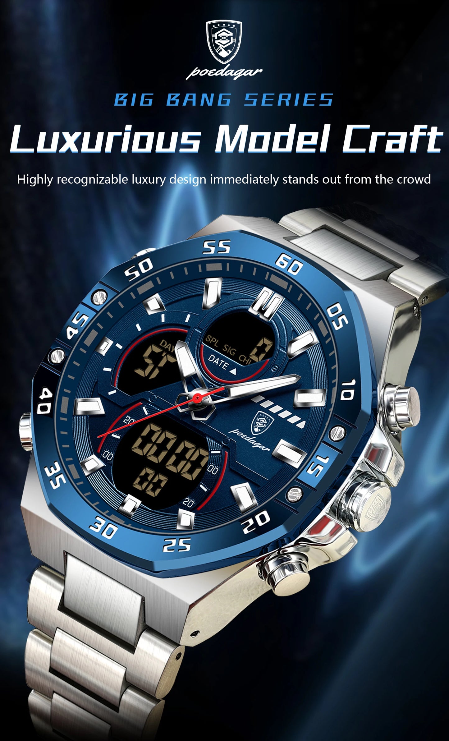 POEDAGAR Original Sports Men Wristwatch Week Date Waterproof LED Quartz Man Watch Stainless Steel Military Digital Men's Watches