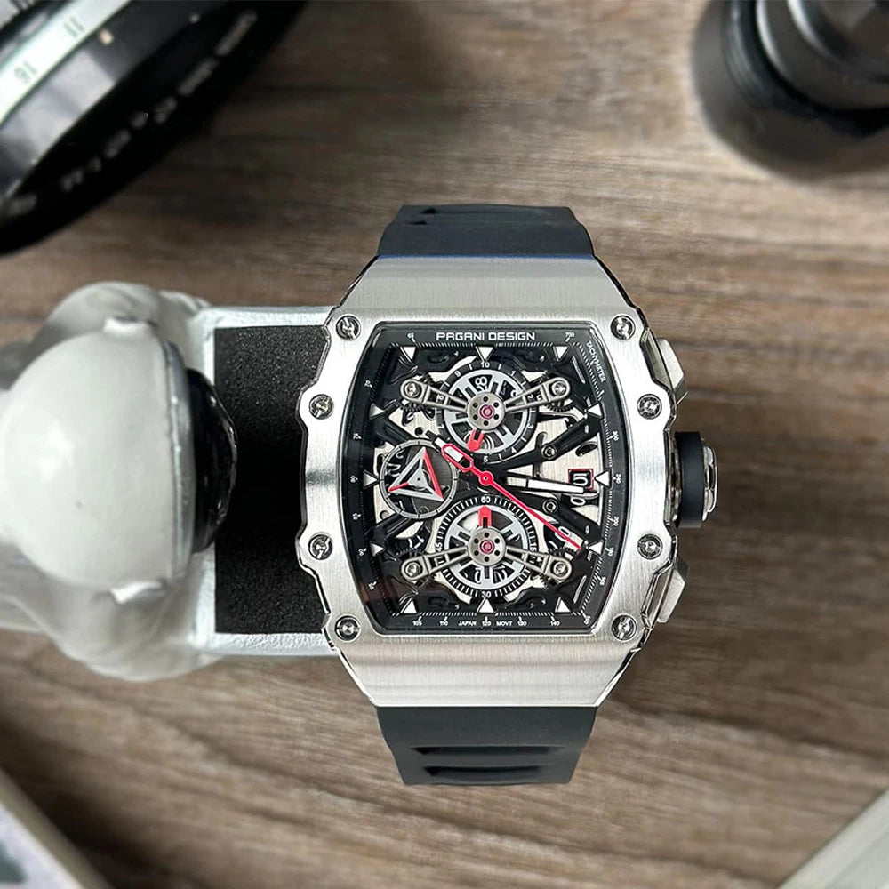 PAGANI DESIGN 2025 Barrel Shaped Hollow Classic Men Quartz Watches Multiple Time Zone Sapphire Glass Waterproof Chronograph Gift