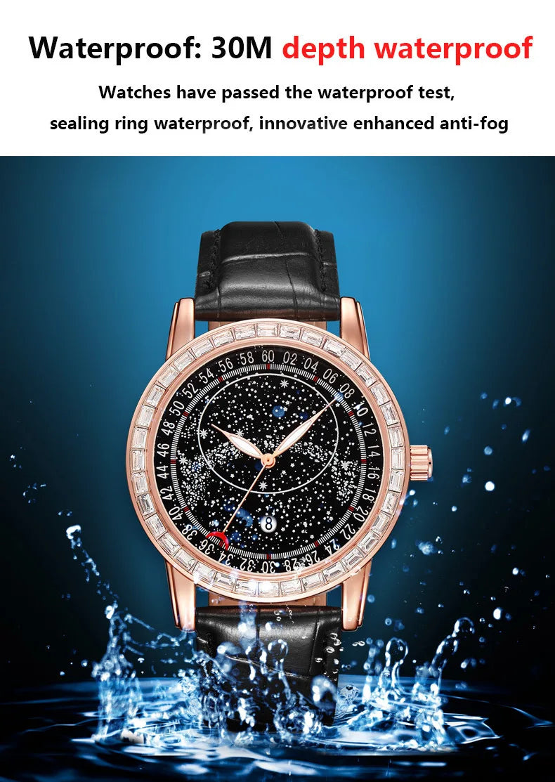 Casuals Man Watch Black Leather Strap Fashion Quartz Wristwatch Waterproof Luminous Starry Sky Dial Moon Pointer Reloj Hombre