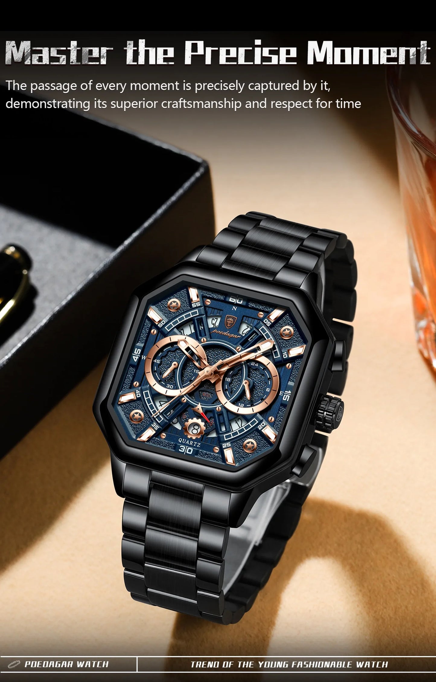 POEDAGAR Luxury Men's Quartz Clock Waterproof Luminous Chronograph Date Man Watch Stainless Steel Fashion Sports Watches For Men