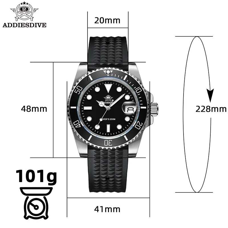 ADDIESDIVE MY-H3-2 Men's Dive Quartz Watch 41mm Fashion Stainless Steel Wristwatch 200M Calendar Display Luminous Watches ForMen