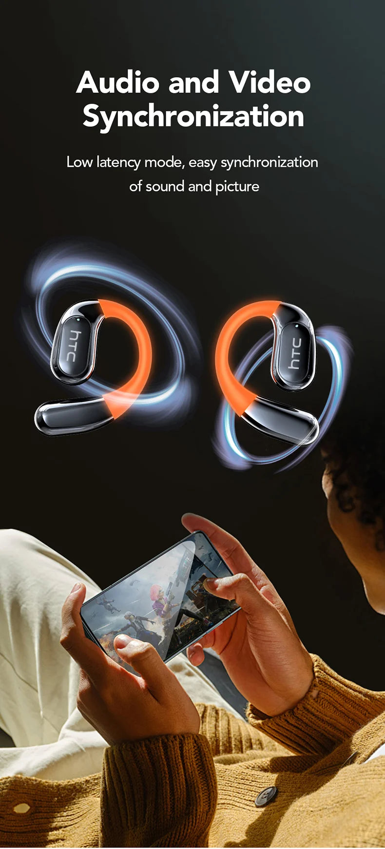 【HTC NE27】 Bluetooth Earphones AI OWS Sports Headphones LCD Screen Wireless Headphones Glowing Earhook Translator Earbuds