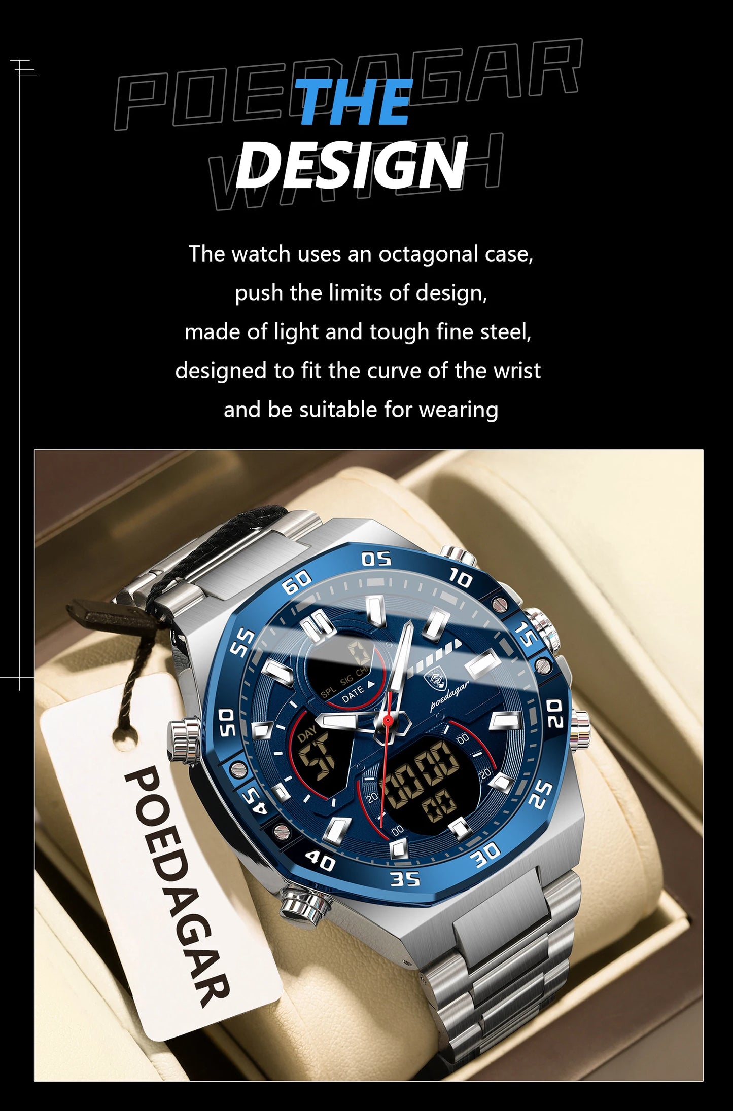 POEDAGAR Original Sports Men Wristwatch Week Date Waterproof LED Quartz Man Watch Stainless Steel Military Digital Men's Watches