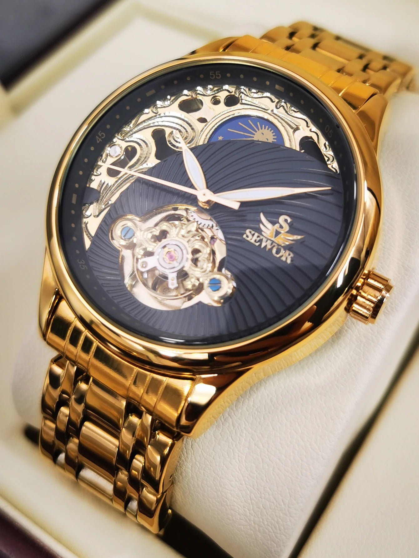 AOKULASIC Gold Skeleton Mens Watch Retro Moon Phase Tourbillon Automatic Mechanical Watches Luxury Stainless Steel Band Luminous