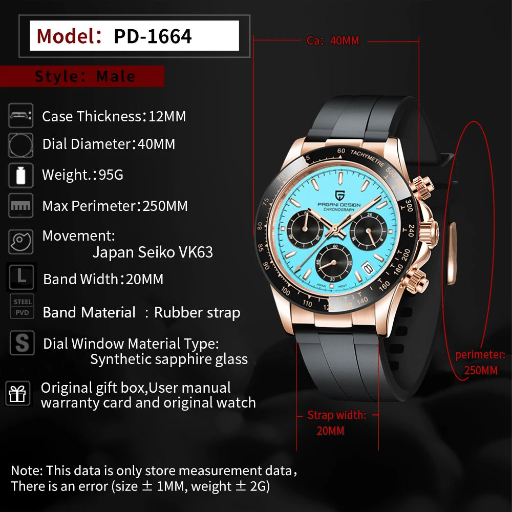PAGANI DESIGN 2025 NEW Ice Blue Dial Mens Watches Luxury Rose Gold Quartz Watch For Men Sport Chronograph Sapphire crystal Watch