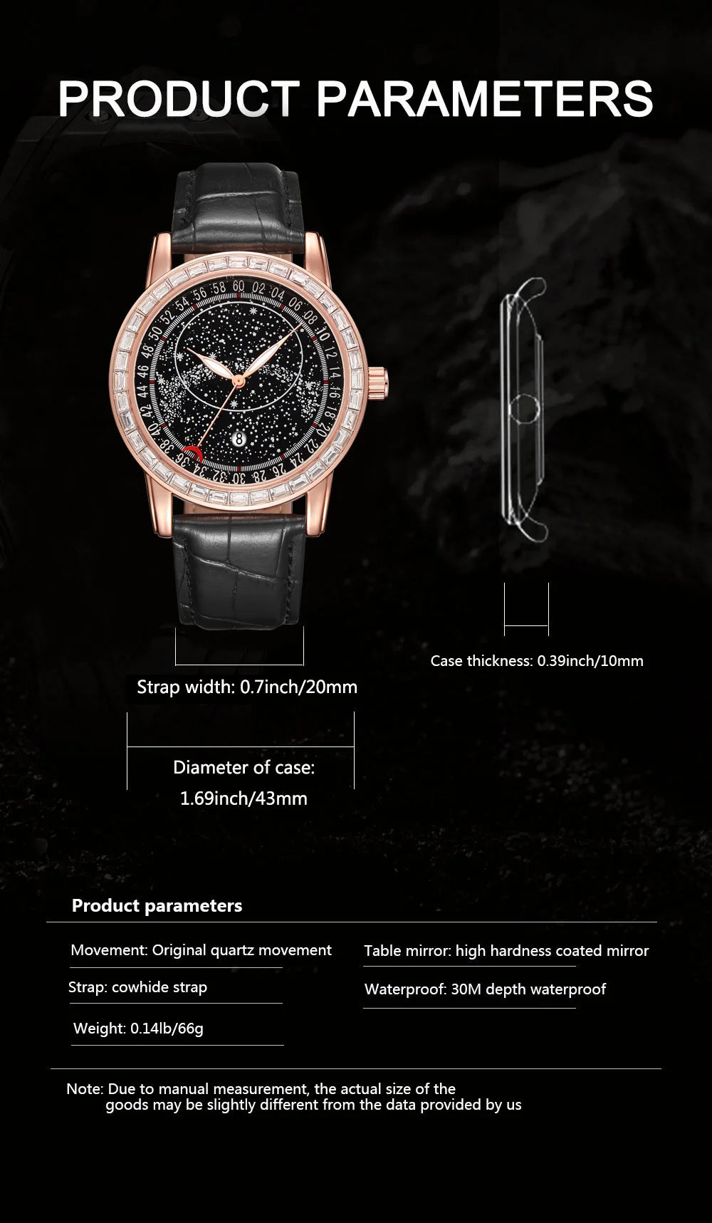Casuals Man Watch Black Leather Strap Fashion Quartz Wristwatch Waterproof Luminous Starry Sky Dial Moon Pointer Reloj Hombre