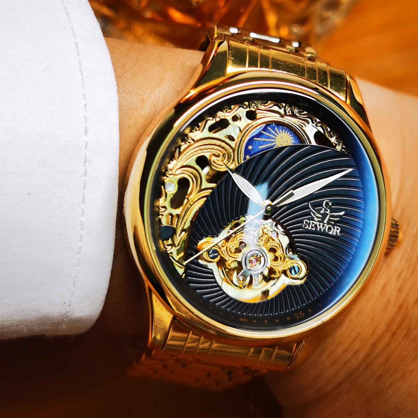 AOKULASIC Gold Skeleton Mens Watch Retro Moon Phase Tourbillon Automatic Mechanical Watches Luxury Stainless Steel Band Luminous