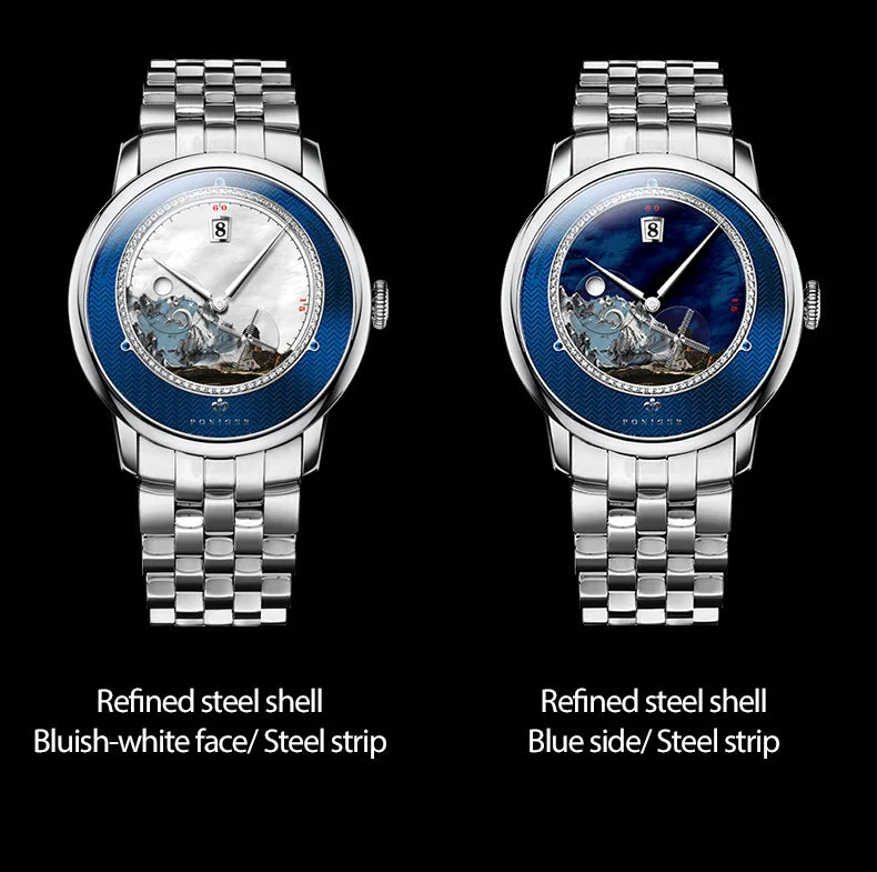 PONIGER Luxury Men's Watch Japanese Automatic Movement Landscape Painting Design Stainless Steel Waterproof Multifunction Clock