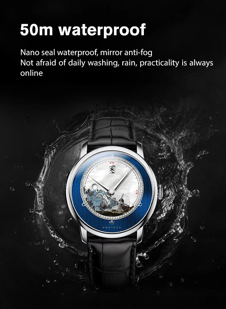 PONIGER Luxury Men's Watch Japanese Automatic Movement Landscape Painting Design Stainless Steel Waterproof Multifunction Clock