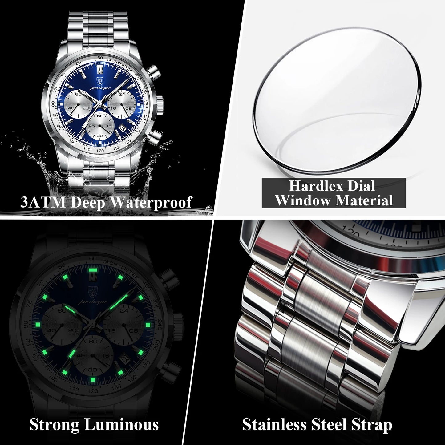 POEDAGAR Top Brand Luxury Man Watches Waterproof Luminous Date Chronograph Men's Quartz Watch Stainless Steel Sports Men Watch