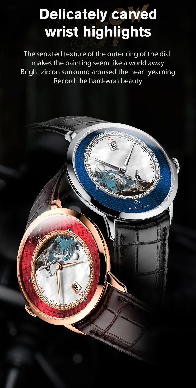 PONIGER Luxury Men's Watch Japanese Automatic Movement Landscape Painting Design Stainless Steel Waterproof Multifunction Clock