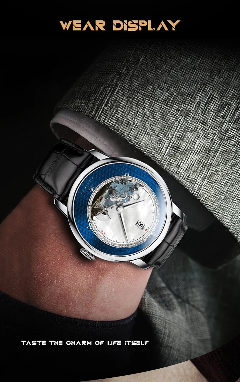 PONIGER Luxury Men's Watch Japanese Automatic Movement Landscape Painting Design Stainless Steel Waterproof Multifunction Clock