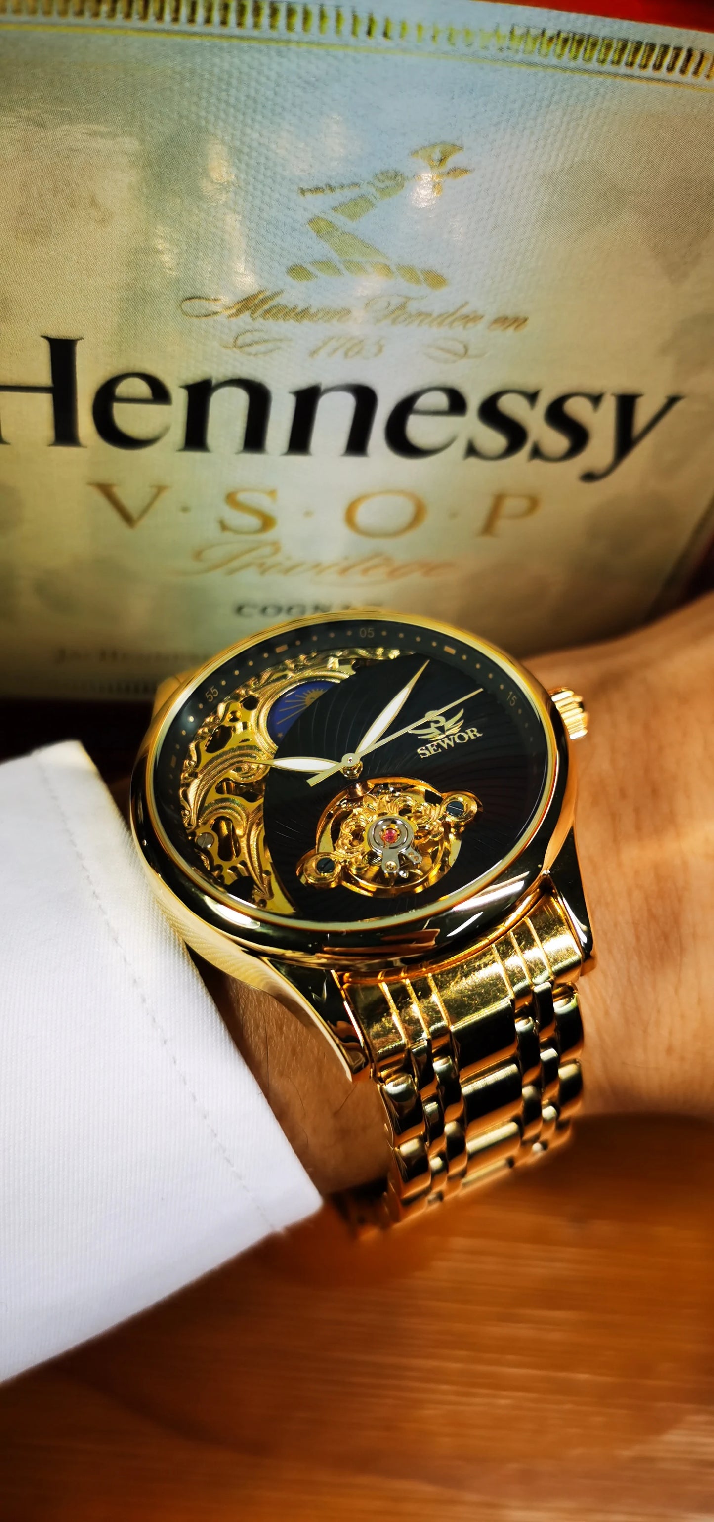 AOKULASIC Gold Skeleton Mens Watch Retro Moon Phase Tourbillon Automatic Mechanical Watches Luxury Stainless Steel Band Luminous