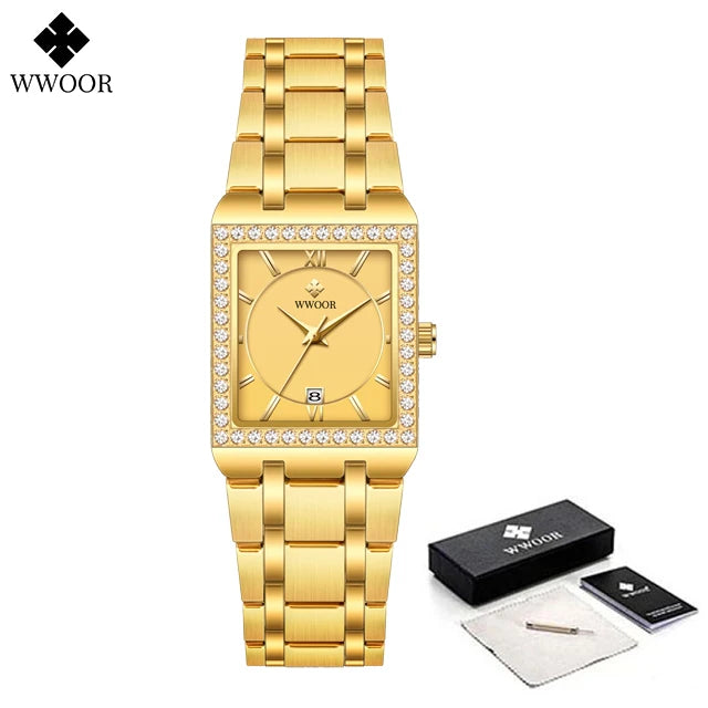 WWOOR Reloj New Fashion Ladies Diamond Watch Top Brand Luxury Square Wrist Watch Simple Women Dress Small Watch Relogio Feminino