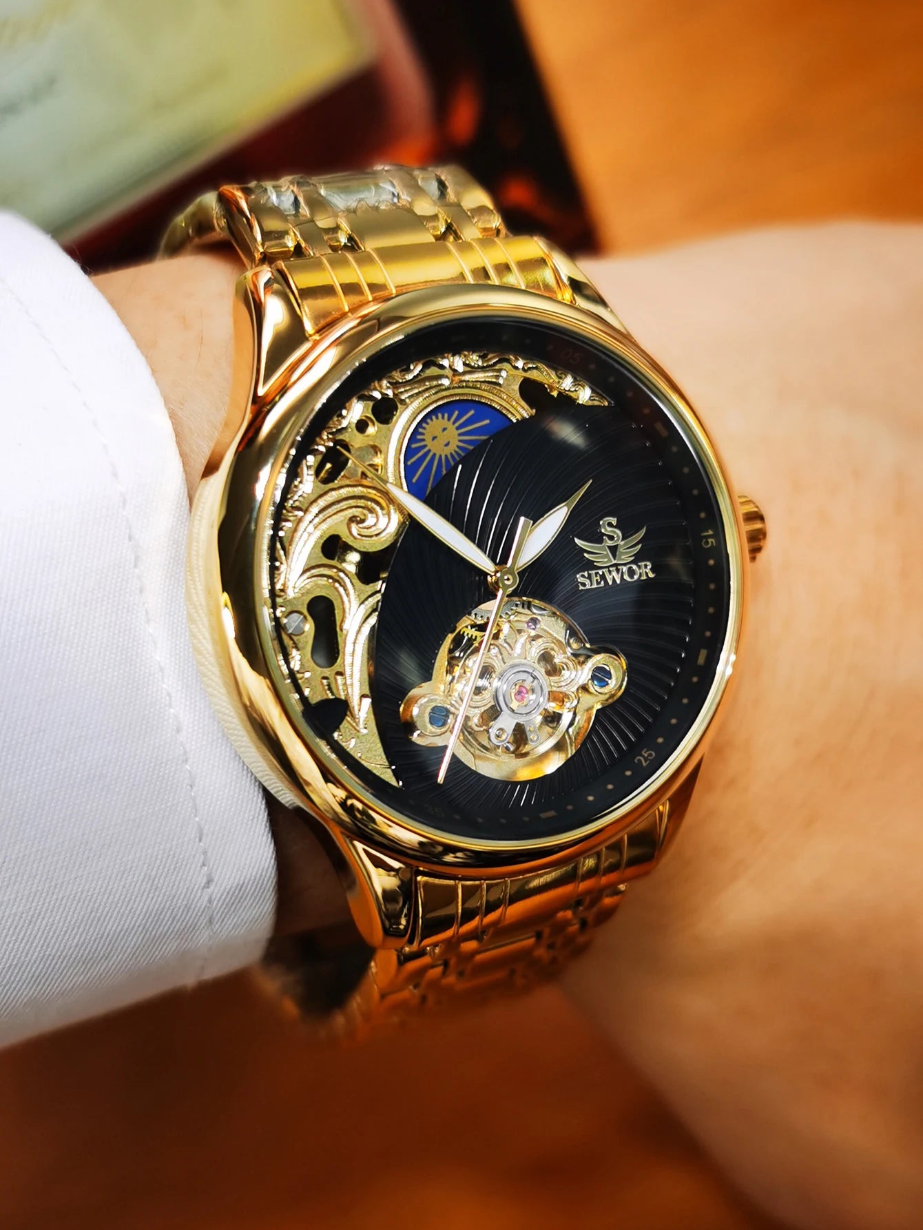 AOKULASIC Gold Skeleton Mens Watch Retro Moon Phase Tourbillon Automatic Mechanical Watches Luxury Stainless Steel Band Luminous