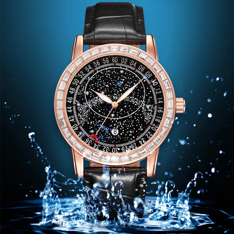 Casuals Man Watch Black Leather Strap Fashion Quartz Wristwatch Waterproof Luminous Starry Sky Dial Moon Pointer Reloj Hombre