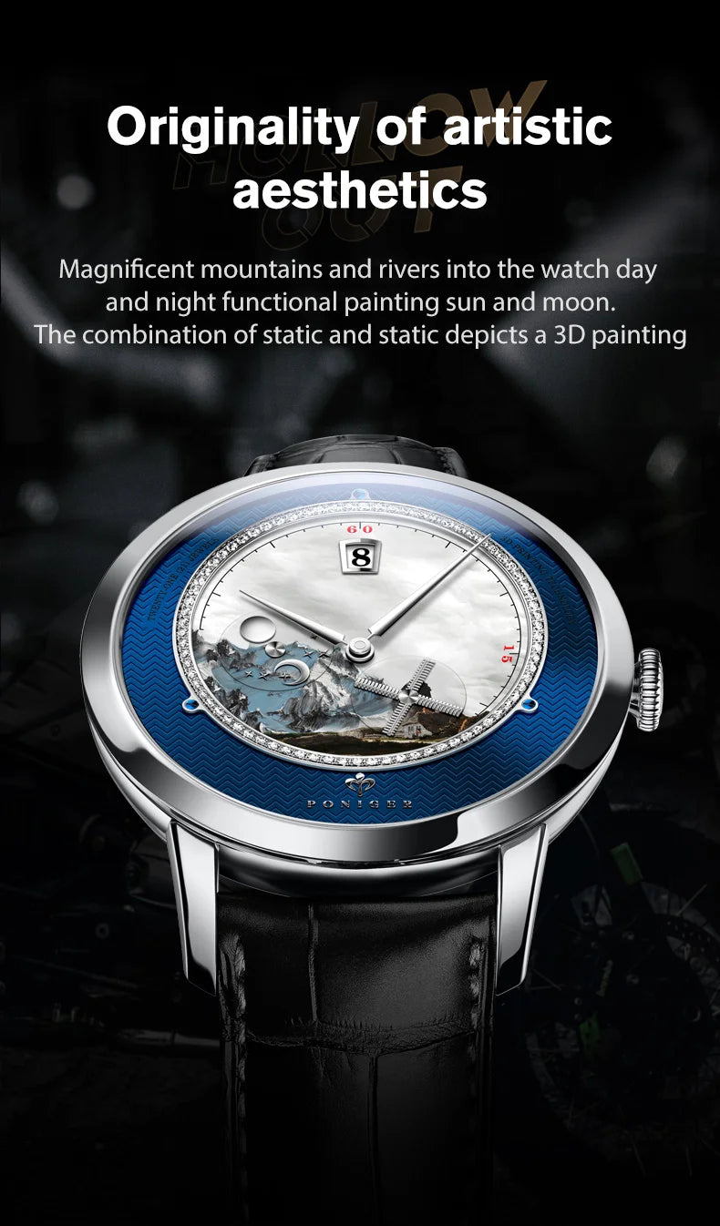 PONIGER Luxury Men's Watch Japanese Automatic Movement Landscape Painting Design Stainless Steel Waterproof Multifunction Clock