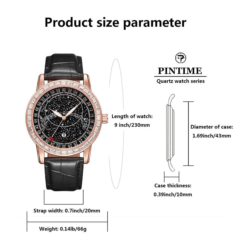 Casuals Man Watch Black Leather Strap Fashion Quartz Wristwatch Waterproof Luminous Starry Sky Dial Moon Pointer Reloj Hombre