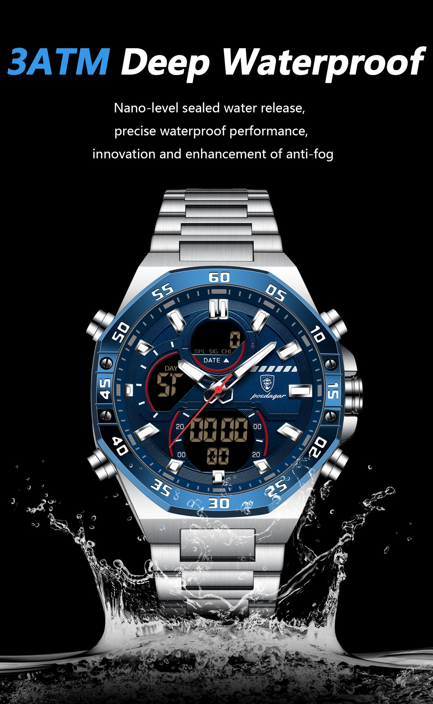 POEDAGAR Original Sports Men Wristwatch Week Date Waterproof LED Quartz Man Watch Stainless Steel Military Digital Men's Watches