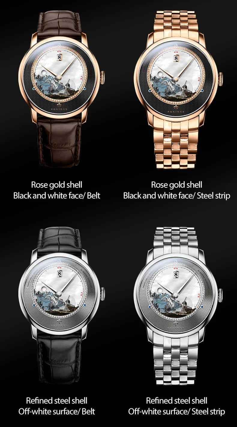 PONIGER Luxury Men's Watch Japanese Automatic Movement Landscape Painting Design Stainless Steel Waterproof Multifunction Clock