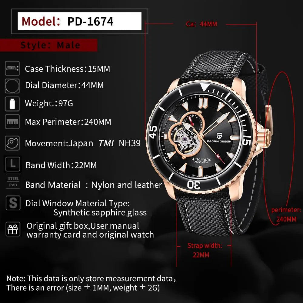 PAGANI DESIGN Top Luxury Men's Watch Sport NH39 Mechanical Automatic Watch Super Bright Luminous Sapphire Glass Watches for Man