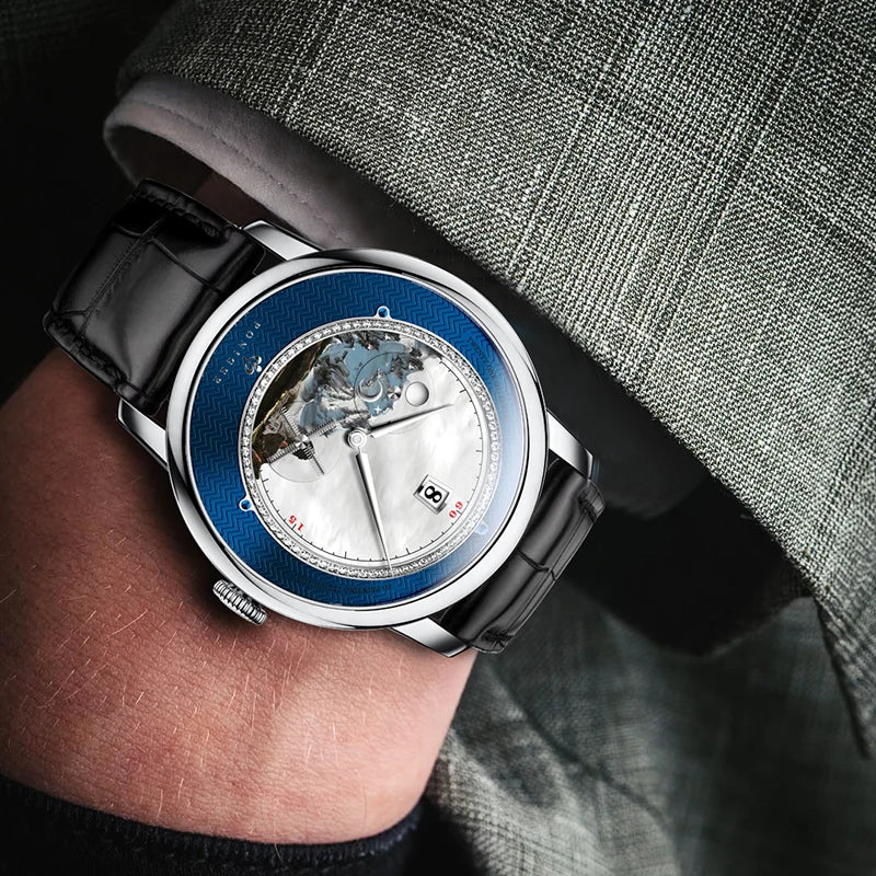 PONIGER Luxury Men's Watch Japanese Automatic Movement Landscape Painting Design Stainless Steel Waterproof Multifunction Clock