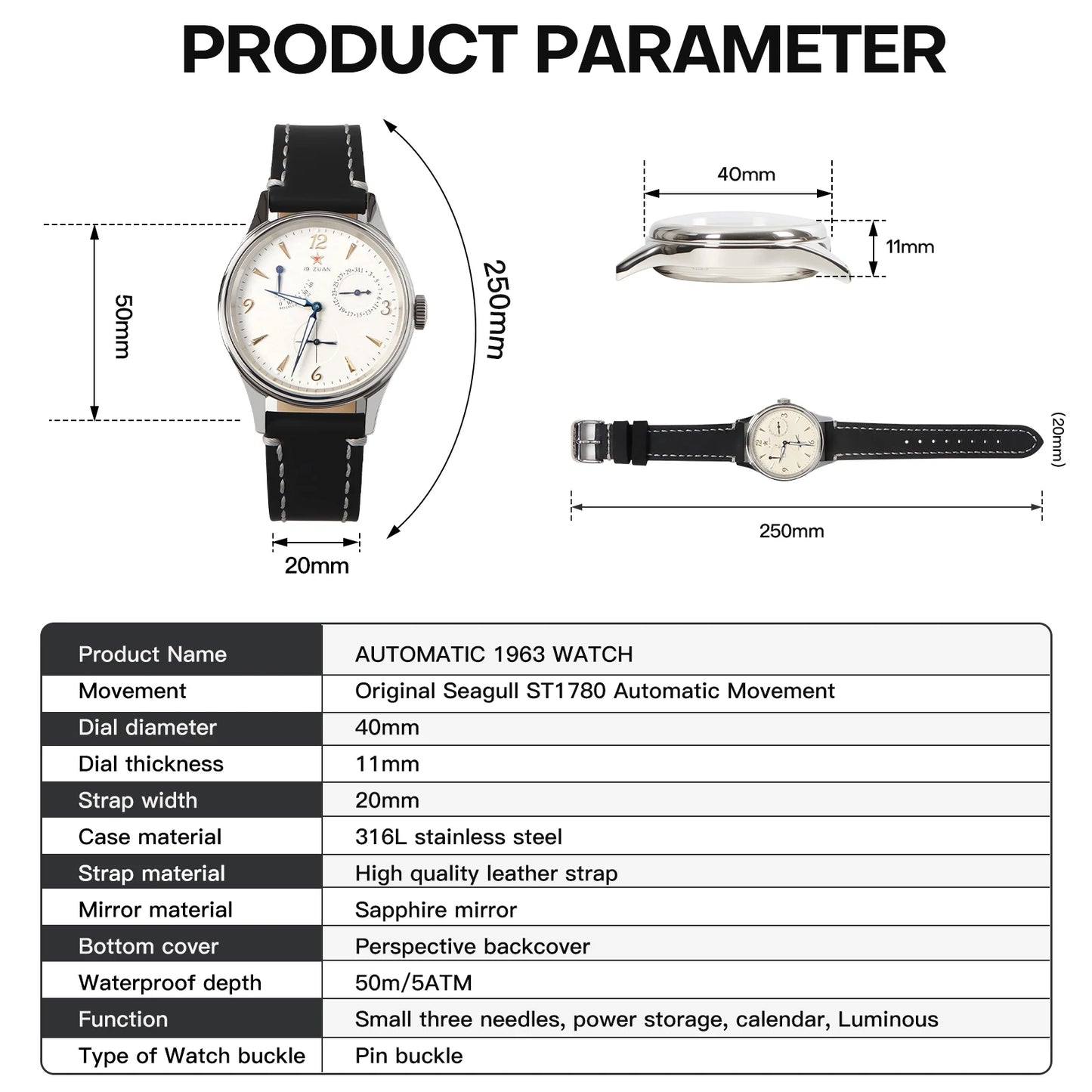 SEAKOSS Seagull ST1780 Movement 1963 Automatic Mechanical Men's Watch Retro Night Light Waterproof Sapphire Luminous Wristwatch