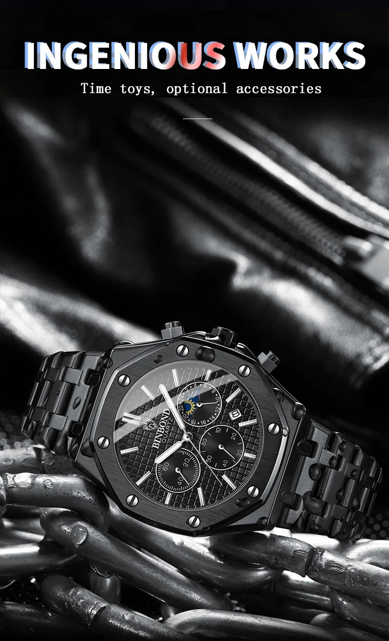 BINBONG B0161 Top Brand Man Business Quartz Watch Chronograph Wristwatch Stainless Steel Strap 30M Waterproof Luxury Men Watch