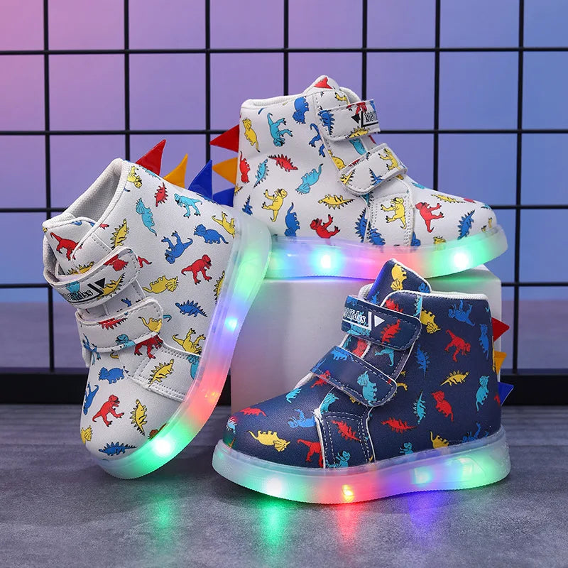 Graffiti Light Shoe 2025autumn New 1-6y Super Dazzling Kid Sneaker Cartoon Dinosaur Boy Shoe LEDCasual Kid Shoeкроссовки Детские