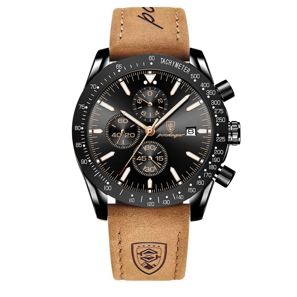 POEDAGAR Top Brand Men Watch Waterproof Luminous Date Chronograph Men's Quartz Wristwatch High Quality Sport Leather Man Watches