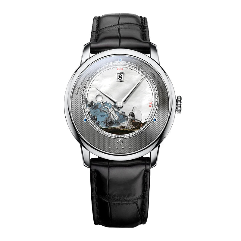 PONIGER Luxury Men's Watch Japanese Automatic Movement Landscape Painting Design Stainless Steel Waterproof Multifunction Clock