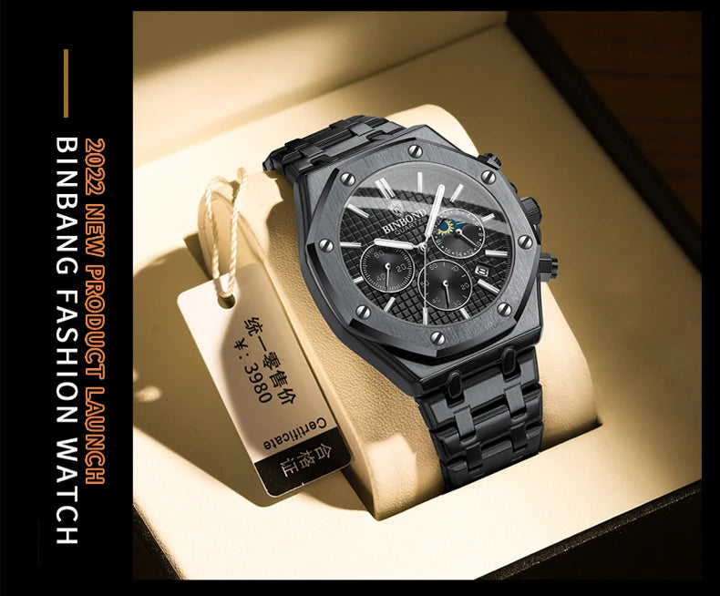 BINBONG B0161 Top Brand Man Business Quartz Watch Chronograph Wristwatch Stainless Steel Strap 30M Waterproof Luxury Men Watch