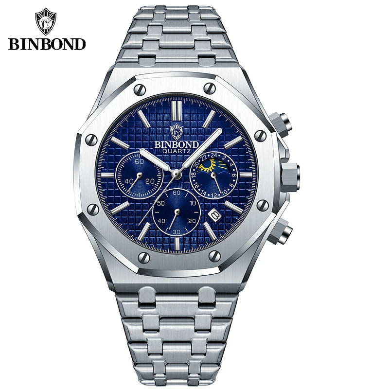 BINBONG B0161 Top Brand Man Business Quartz Watch Chronograph Wristwatch Stainless Steel Strap 30M Waterproof Luxury Men Watch