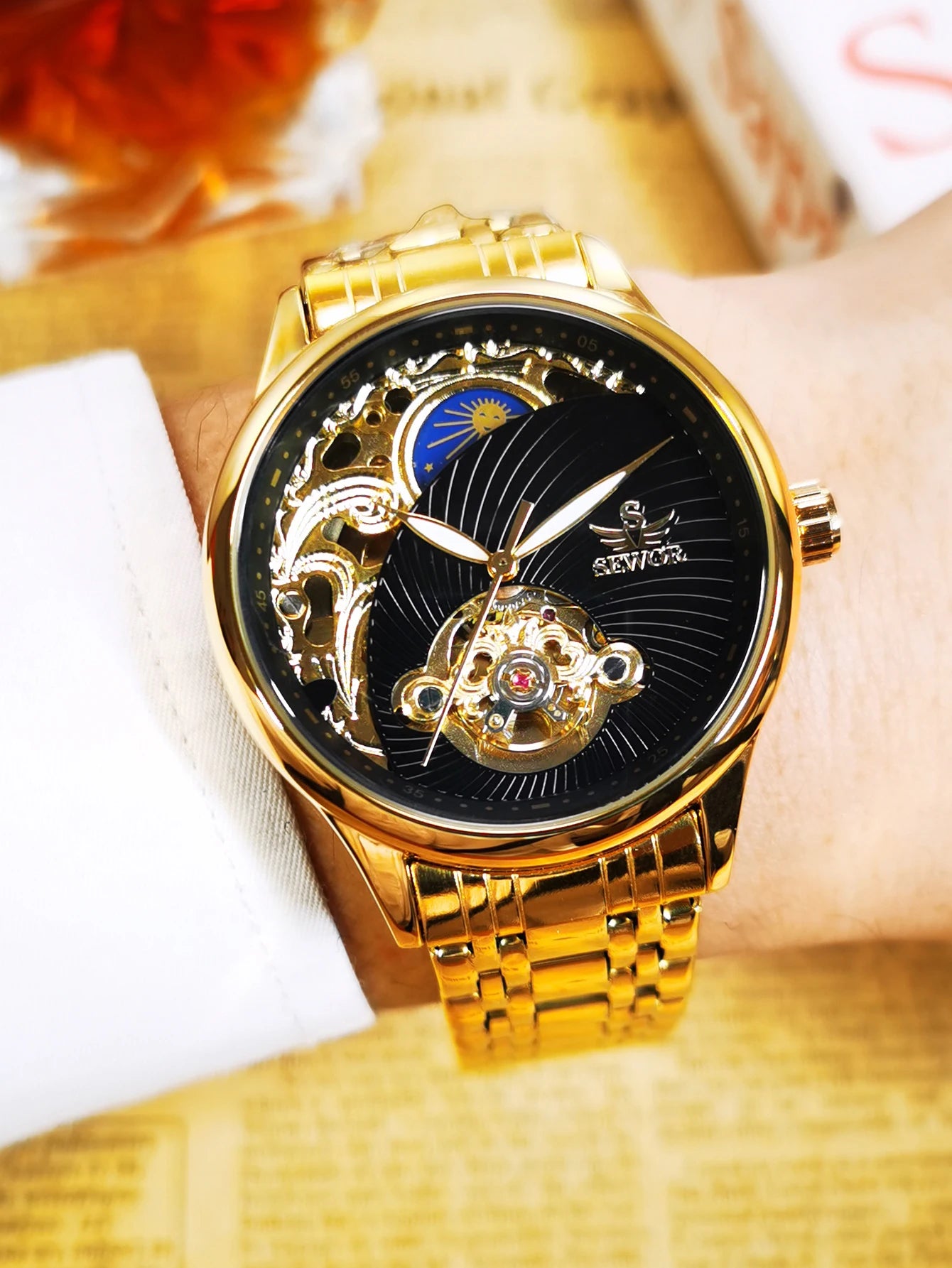 AOKULASIC Gold Skeleton Mens Watch Retro Moon Phase Tourbillon Automatic Mechanical Watches Luxury Stainless Steel Band Luminous