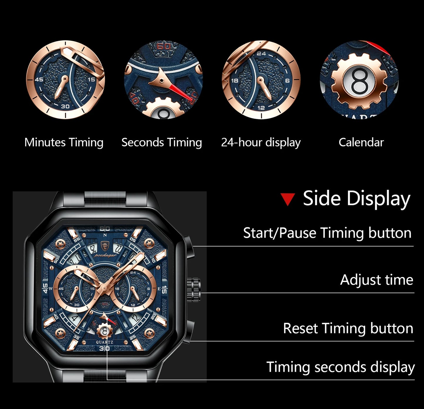 POEDAGAR Luxury Men's Quartz Clock Waterproof Luminous Chronograph Date Man Watch Stainless Steel Fashion Sports Watches For Men