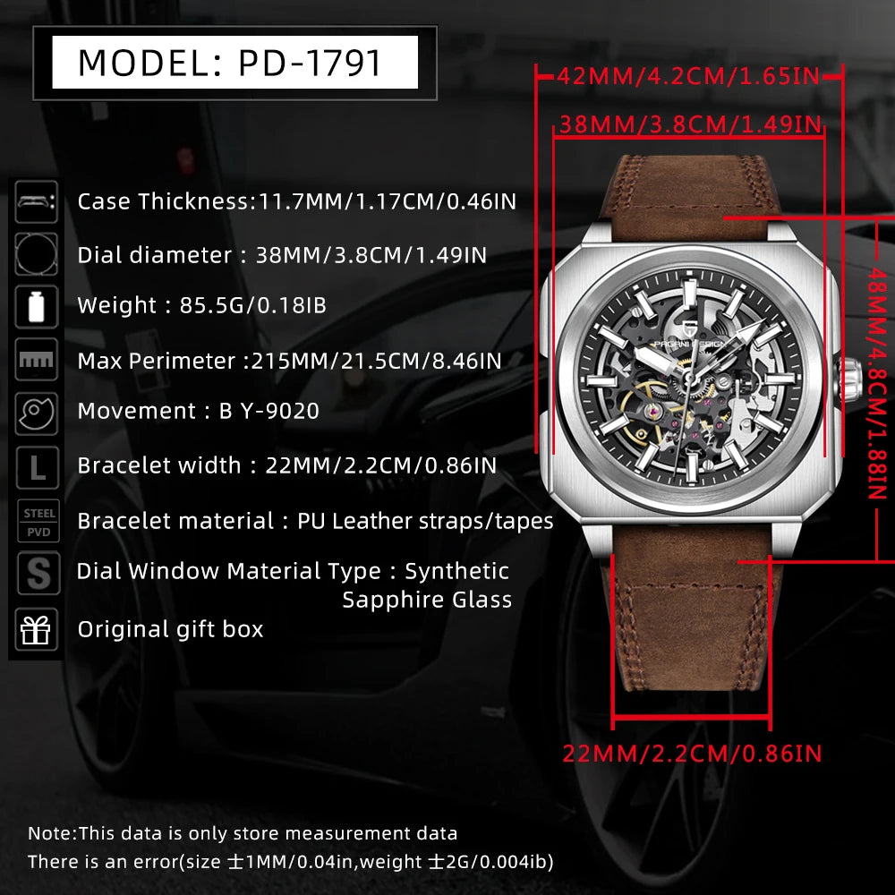 Pagani Design 2024 new 38mm block flywheel luminous hollow dial 50m waterproof casual men's mechanical automatic watch