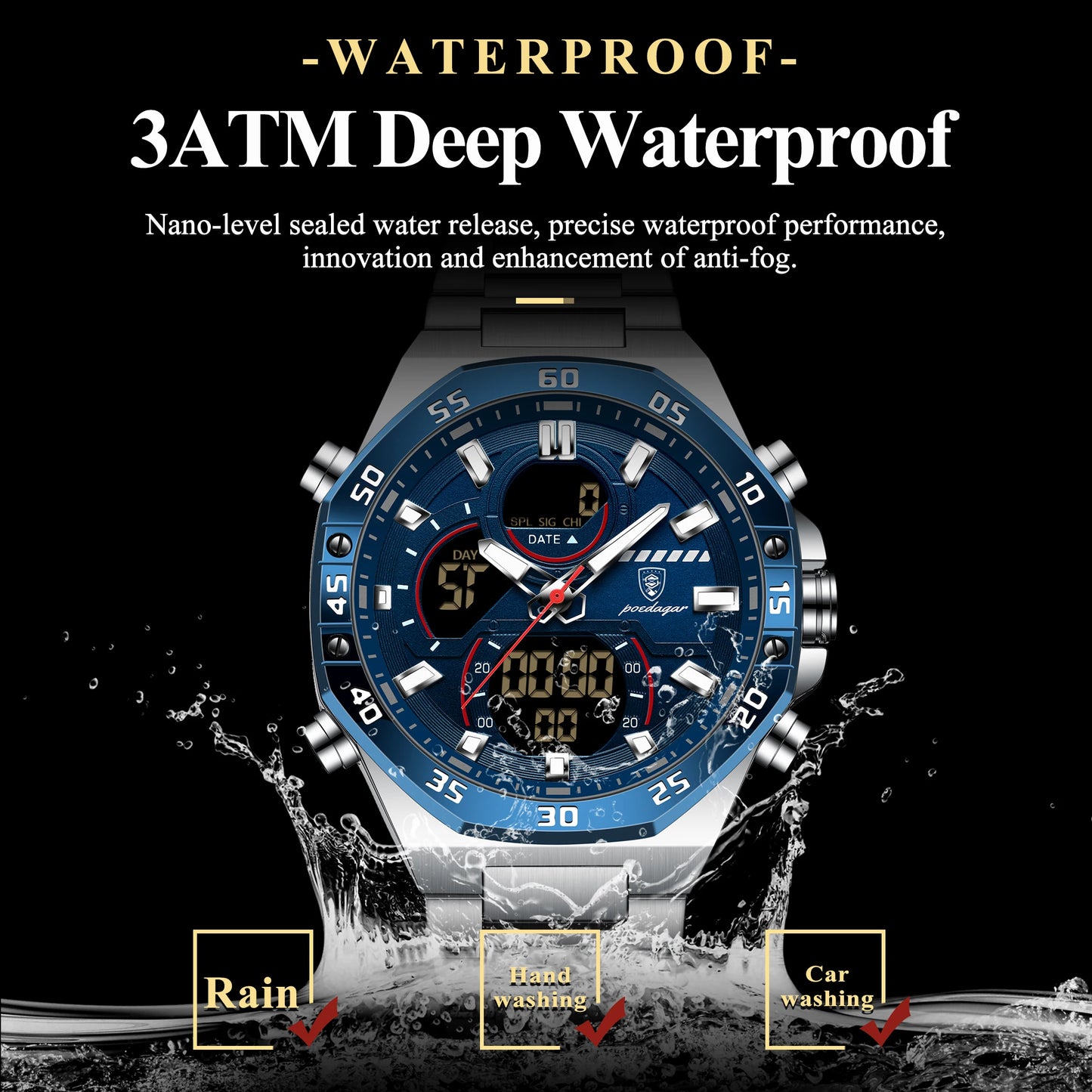 POEDAGAR Original Sports Men Wristwatch Week Date Waterproof LED Quartz Man Watch Stainless Steel Military Digital Men's Watches